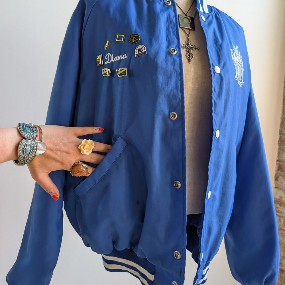 Vintage Blue Varsity Bomber Jacket Preppy Liberty Drill Team Sporty Coat Medium - Picture 5 of 16